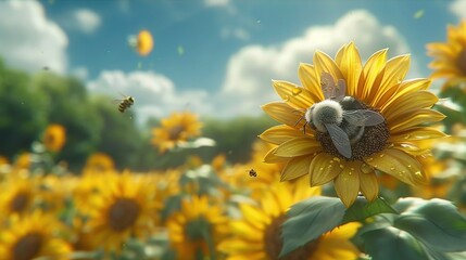 Poster -   A bee on a sunflower in a field of sunflowers with a blue sky as the backdrop