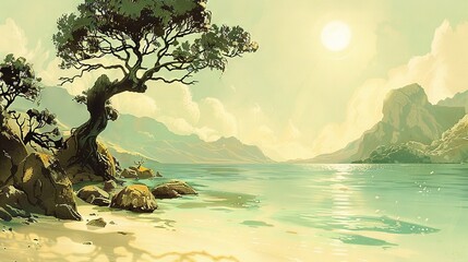 Poster -  A beach landscape, featuring a tree in the foreground and a distant mountain range behind it The canvas is dominated by a serene ocean