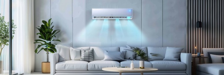 Fototapete - A modern living room showcases a sleek air conditioner above a cozy sofa with decorative pillows and houseplants, creating a fresh and inviting atmosphere. Generative AI