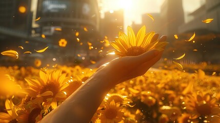 Poster -   A person holding a sunflower amidst a field of sunflowers with buildings in the distance