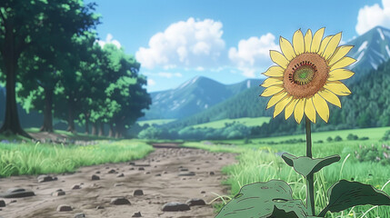 Poster -  Sunflower on dirt road with background of trees & mountains