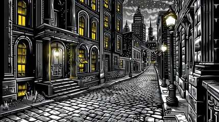 Canvas Print -   A city street lit by a full moon and street lamp at night