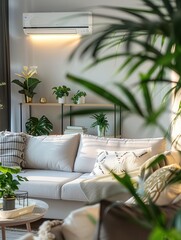 Fototapete - A modern living room features a cozy couch, greenery, and a wall-mounted air conditioner, creating a comfortable and inviting atmosphere. Generative AI