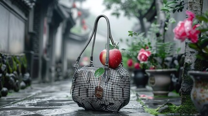 Poster -   A black-and-white checkered purse with two apples on the handle