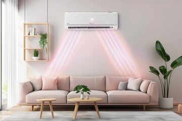 Fototapete - A cozy living room showcases a modern air conditioner while elegant furniture creates a stylish atmosphere. Generative AI
