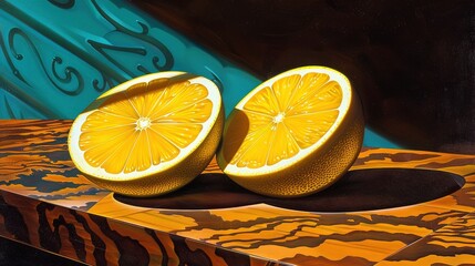 Poster -   A depiction of two halved oranges resting atop a table against a blue background