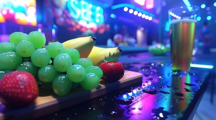 Wall Mural -   A zoomed-in image of a fruit platter on a table, accompanied by a glass of drink and illuminated by neon lights