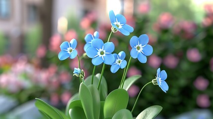 Poster -   A vase brimming with blue blossoms rests atop a verdant foliage plant, adorned profusely with pink and white blooms