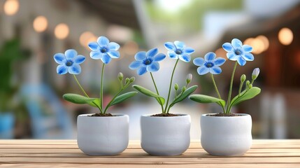 Poster -   Three small white vases holding blue flowers sit on a wooden table against a blurred backdrop