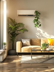 Leinwandbilder - The living room showcases a stylish sofa, greenery, and a mounted air conditioner, illuminated by warm afternoon sunlight filtering through the windows. Generative AI