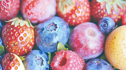 Poster -  A close-up of a fruit collection, featuring RJ at the bottom