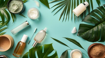 Wall Mural - Flat lay of skincare products and tropical leaves on teal background