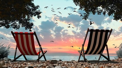 Poster -   Two lawn chairs positioned on a sandy shore beside a body of water