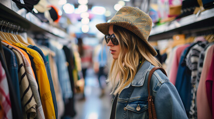 Young woman shopping in a clothing store, a young woman with long blonde hair wearing a striped beanie and glasses, standing in a clothing store aisle surrounded by various garments on racks