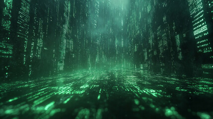 Green matrix backgroundDigital background with falling green matrix code on dark background with light effects, data security, cyber security or virtual reality.
