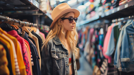 Young woman shopping in a clothing store, a young woman with long blonde hair wearing a striped beanie and glasses, standing in a clothing store aisle surrounded by various garments on racks