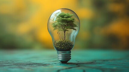 A light bulb encases a tree, symbolizing sustainable energy and innovation highlighting the integration of nature and technology for eco-friendly sustainability solutions using green renewable energy