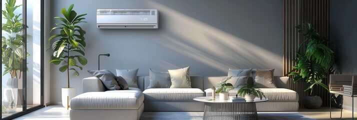 Poster - A modern living room featuring a comfortable sofa, indoor plants, and a wall-mounted air conditioner, creating a relaxing and stylish atmosphere. Generative AI