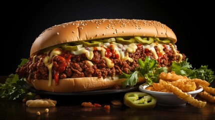 Poster - Close view of a sloppy joe, front view from above, studio lighting, isolated white background.