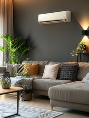 Fototapete - A modern living room showcases a mounted air conditioner, comfortable seating, decorative plants, and stylish cushions, creating an inviting atmosphere. Generative AI