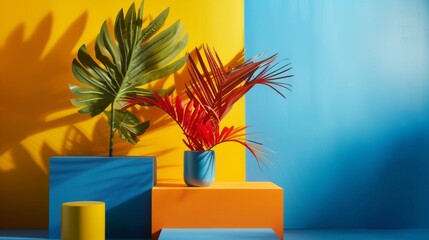 Wall Mural - Colorful tropical leaves against a vibrant background