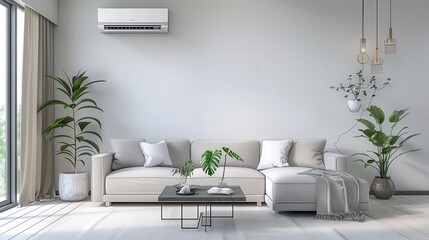 Fototapete - A contemporary living room features a mounted air conditioner, a comfortable couch, and greenery, creating a relaxing atmosphere in a bright setting. Generative AI