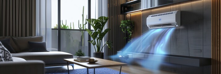 Poster - A modern living room features stylish furniture and an air conditioner on the wall, providing a comfortable and inviting atmosphere. Generative AI