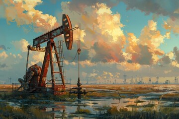 Oil Pump Jack at Dusk in an Open Field