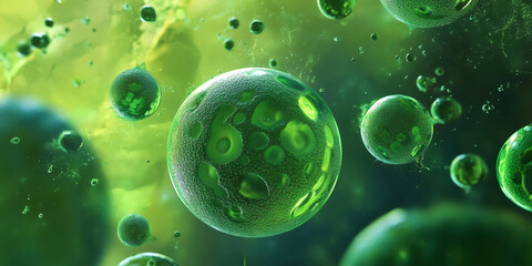 A close-up of green, bubble-like cells in an environment with light yellow and dark emerald colors