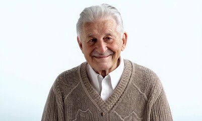 Wall Mural - Group portrait of a Russian man in his 80s in a white background wearing a chic cardigan