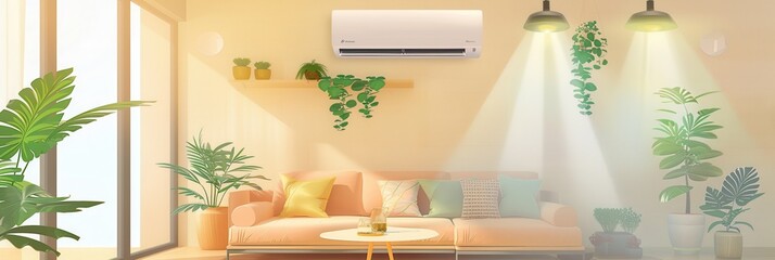 Poster - A stylish modern living room features an air conditioner, vibrant indoor plants, and soft lighting creating a cozy atmosphere for relaxation. Generative AI