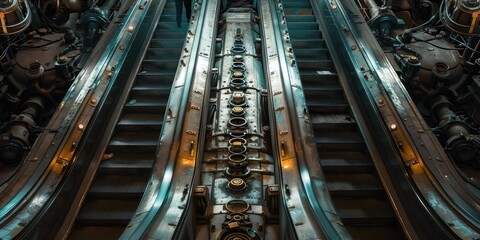 Two escalators with intricate metal details.