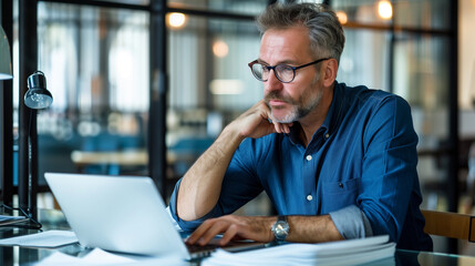 A middle-aged businessman with glasses and beard sitting at his computer looking seriously at the monitor, 