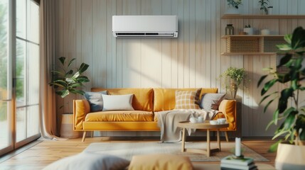 Aufkleber - A contemporary living room features a bright orange sofa, plants, and an air conditioner mounted on the wall, creating a cozy and inviting atmosphere. Generative AI