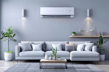 Wall Mural - Stylish living room features a mounted air conditioner, cozy sofa, decorative plants, and minimalist decor for a contemporary ambiance. Generative AI