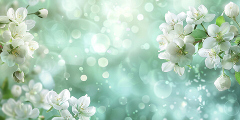 Wall Mural - Beautiful spring background with white flowers and bokeh lights on a light green pastel background, suitable for a banner design