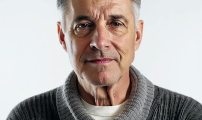 Wall Mural - Close-up portrait of a Russian man in his 50s in a white background wearing a chic cardigan