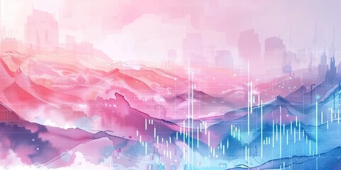 Abstract pink and blue landscape with white bars.