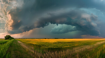 Wall Mural - Panoramic shot of endless wheat fields in the prairies and dramatic storm clouds gathering on the horizon 