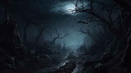 A dark and mysterious path through a spooky forest with a full moon overhead and bats flying in the sky.