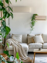 Fototapete - A stylish living room showcases a cozy couch adorned with pillows, accompanied by an air conditioner and vibrant greenery surrounding the space. Generative AI