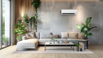 Leinwandbilder - This modern living room showcases a cozy sectional sofa, a sleek coffee table, and vibrant plants, creating an inviting atmosphere perfect for relaxation. Generative AI