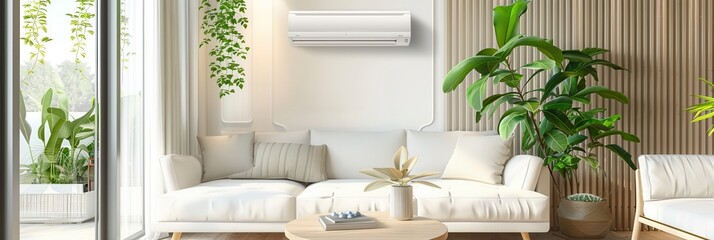 Poster - This modern living room showcases a chic sofa, vibrant plants, and an air conditioner, creating a fresh and inviting atmosphere for relaxation. Generative AI