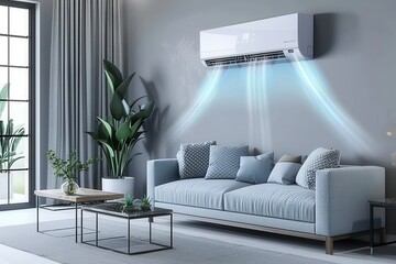 Fototapete - A modern living room features a sleek air conditioner, cozy sofa, and decorative plants, all bathed in bright, natural light creating a welcoming atmosphere. Generative AI