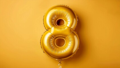 Gold foil balloon shaped like the number '8' on a yellow background, ideal for celebrations, parties, and events.