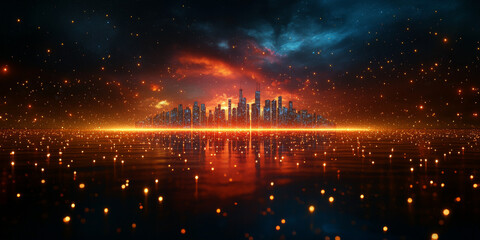 Canvas Print - A digital concept of a smart city skyline over a network grid with floating particles, depicted in blue tones against a dark background