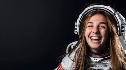 Wall Mural - Photo of a woman with long hair in an astronaut suit smiling excitedly against a black background 