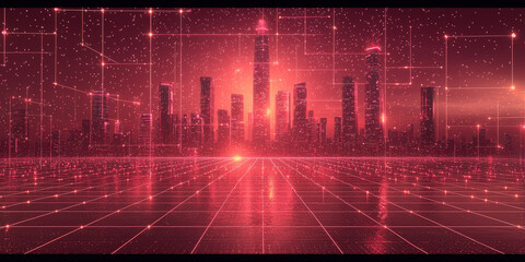 Wall Mural - A digital concept of a smart city skyline over a network grid with floating particles, depicted in blue tones against a dark background