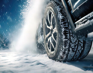 Wall Mural - winter tires, car on a snowy slippery road, reliable tires for a snowy winter, advertising photograph,