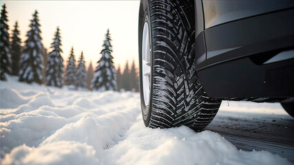 Wall Mural - winter tires, car on a snowy slippery road, reliable tires for a snowy winter, advertising photograph,